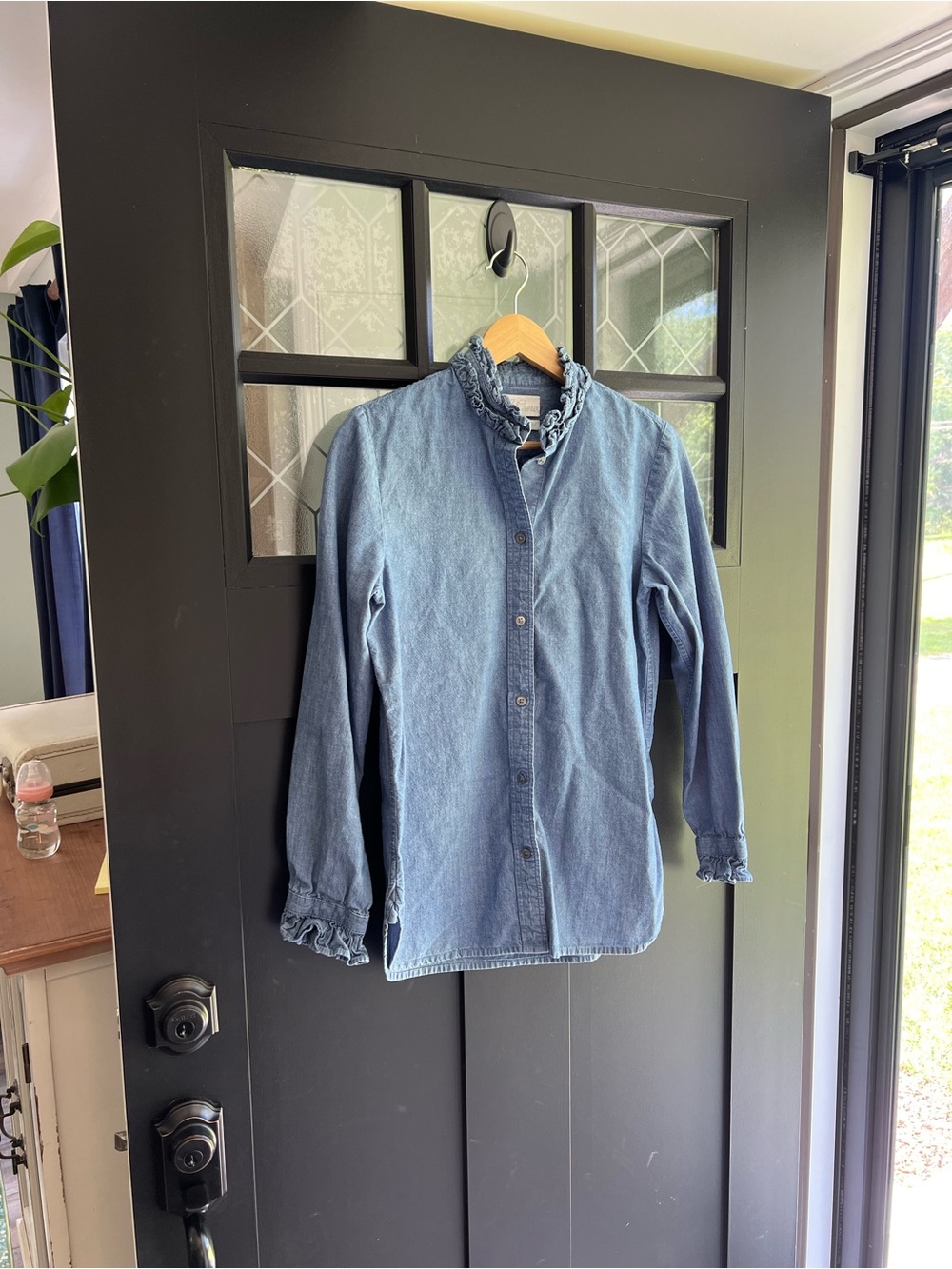 J Crew Denim Ruffle Long Sleeve 100% Cotton Button Down Shirt